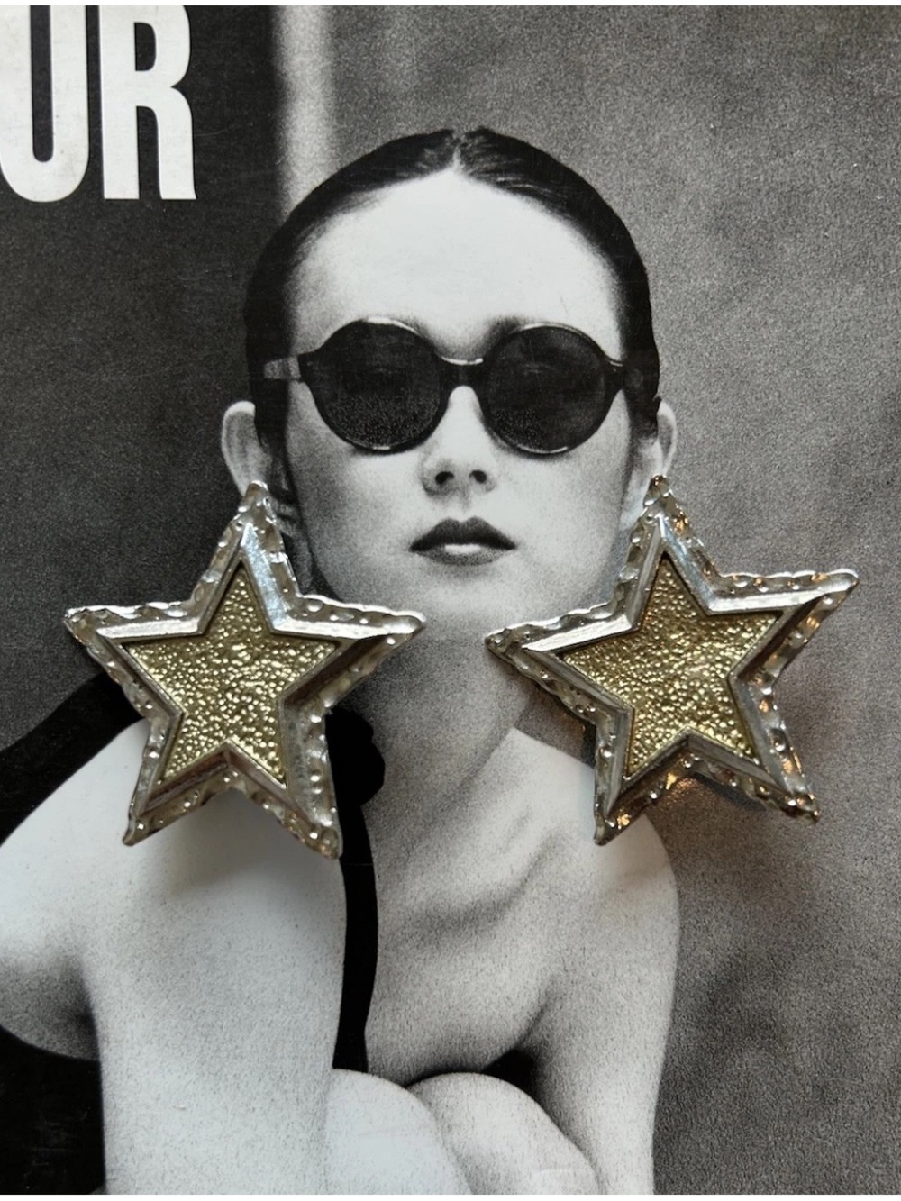 Vintage ESCADA Star Clip On Earrings Large Two Tone Gold Silver Statement Runway